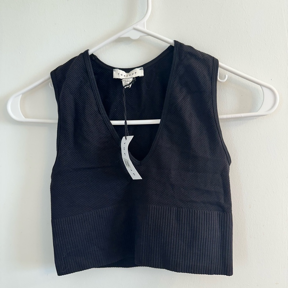 Topshop Black Ribbed V-Neck Cropped Tank Top